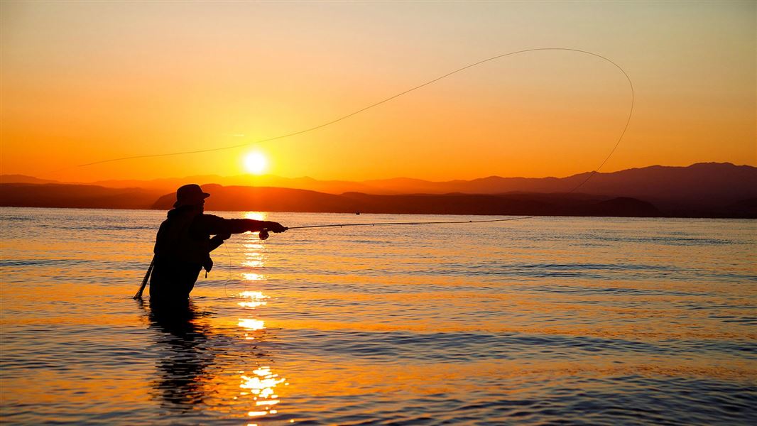 Silhouette of person casting a fishing line at sunset. 