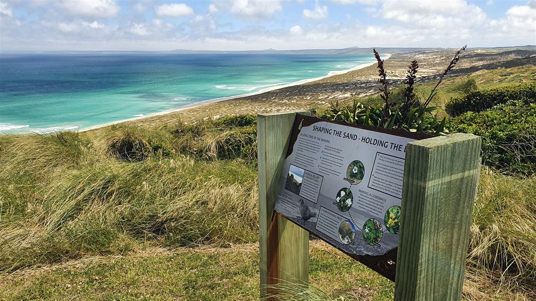 View of beach with sign in front.