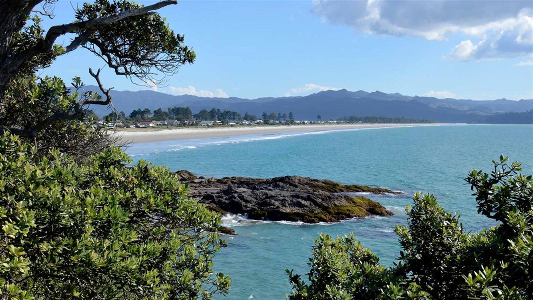 A view of Matarangi Beach through trees.